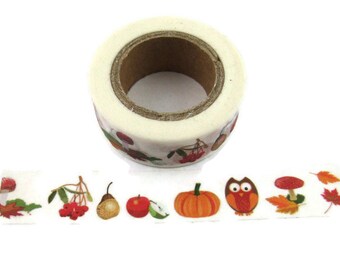 Autumn Washi Tape, Harvest Washi Tape, Thanksgiving Pumpkin Rosehips Mushroom Pear Apple Washi Tape, Full Roll - L2273