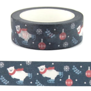 Washi Tape Polar Bear, Blue Holiday Washi Tape, Ice Skating Washi Tape, Full Roll - CWWTS