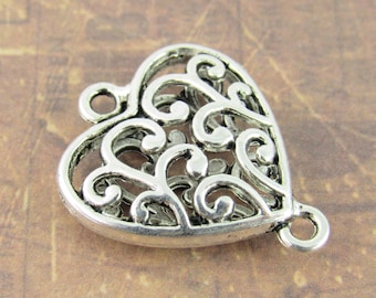 26mm Delicate Filigree Heart Connector,  Tibetan Heart Charm, Antiqued Silver (4) - SF21