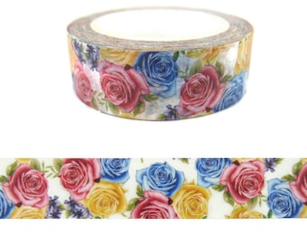 Floral Washi Tape Roses Blue Red Yellow Flowers 15mm x 10m