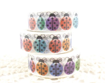 Colorful Ladybug Washi Tape, Green and Red Washi Tape,  Full Roll - O631