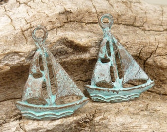 Patina Sailboat Charm, Rustic Patina Ship Charm, Mykonos Casting (4) - M39