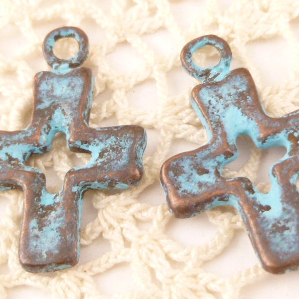 Turquoise Cross Crucifix Charm, Rustic, Patina Charms, Mykonos Casting (4) - M92 - X0998