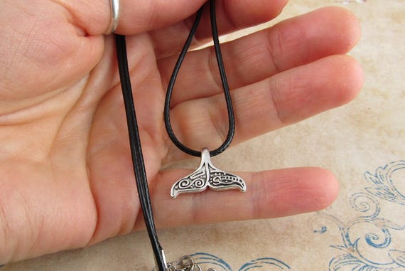 Tribal Whale Tail Necklace, Silver Tone Whale Tail on Black Cord