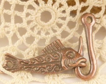 Large, Rustic, Aged Copper Fish Hook Clasp Finding, Mykonos Casting Beads (1) - M85 - X5668
