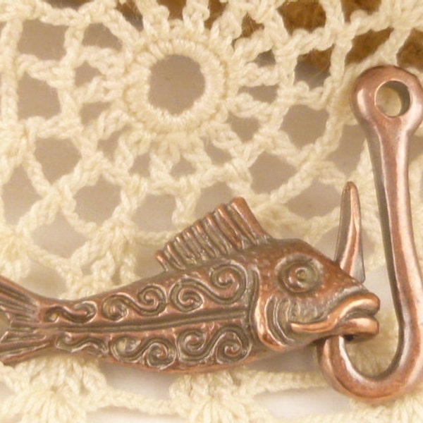 Large, Rustic, Aged Copper Fish Hook Clasp Finding, Mykonos Casting Beads (1) - M85 - X5668