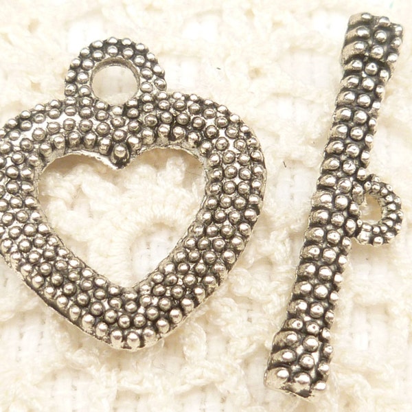 Sparkly Heart Toggle Clasp Closure, Antique Silver (4 sets) - SF3