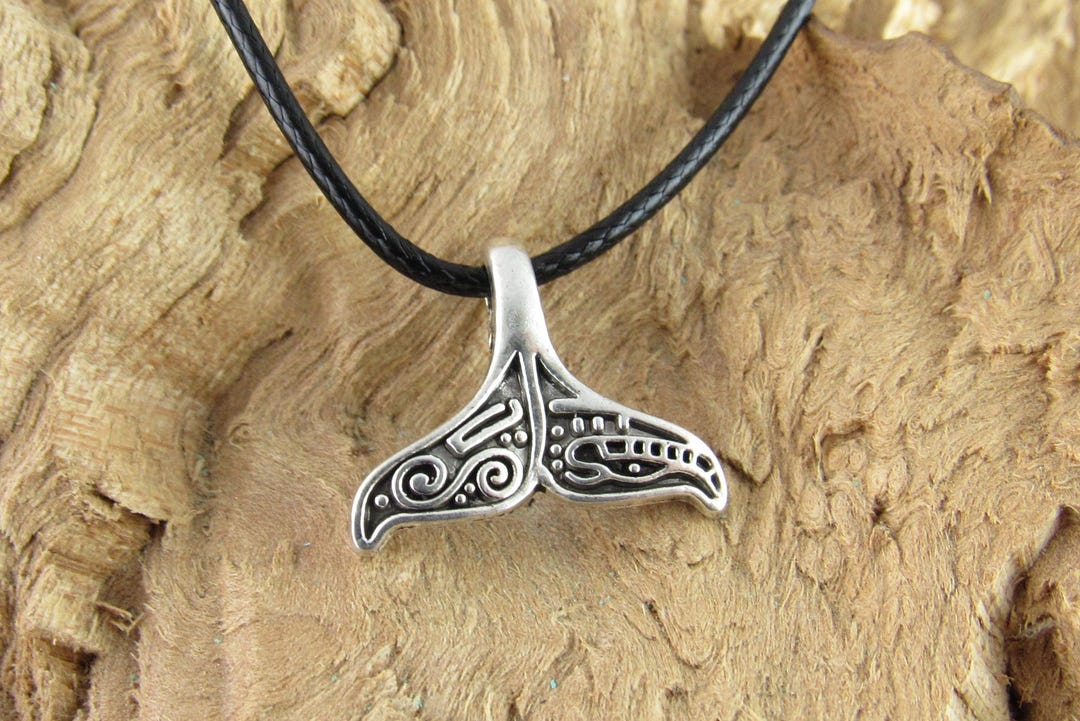 Tribal Whale Tail Necklace, Silver Tone Whale Tail on Black Cord
