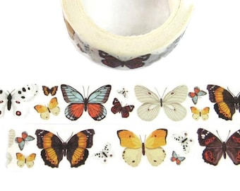 May include: Decorative washi tape featuring a variety of colorful butterfly illustrations. The butterflies are in shades of orange, blue, yellow, and white, with detailed wing patterns. The tape roll is visible at the top, with a repeating butterfly design.