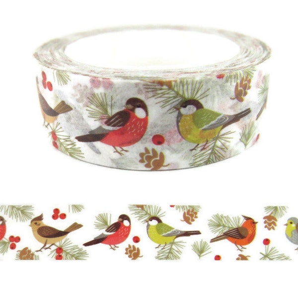 Winter Birds Washi Tape, Pinecone Washi Tape, Winter Washi Tape, Full Roll - CWWTS