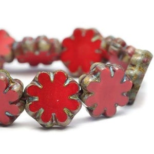 Cuentas de flores rojas rústicas de 9 mm con acabado Picasso, cuentas de flores de vidrio tallado en ventana, 12 o 25 cuentas - 0263/FLF