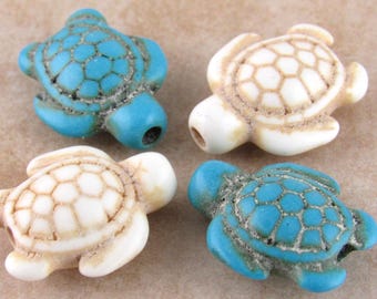 Patina-look Turquoise Turtle Beads, Bone Color Turtle Beads, Two Sided Large Hole Turtle Beads (6)