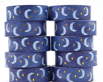 Blue Washi Tape, Crescent Moon  Washi Tape, Gold Foil Stars Washi Tape, Full Roll - SSS-2