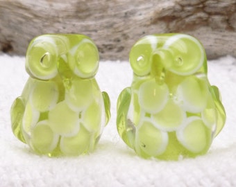 Adorable, Feathered Translucent Peridot Green Lampwork Owl Beads (2)