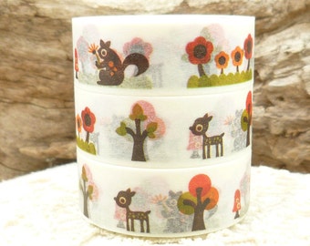 Washi Tape, Forest Animals Washi Tape, Squirrel, Deer, Trees, Mushroom  Washi Tape, Full Roll - N586