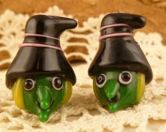 Halloween Witch Glass Beads, Green Face Witch Lampwork Focal Beads (2)