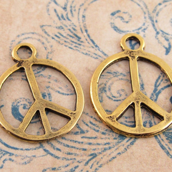 24mm Antiqued 24k Gold Peace Sign Charm,  Simple Rustic Peace Pendant, Mykonos Casting (2) - M110