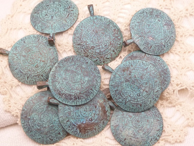 1 - M64 x5841 Rustic Blue Patina Mayan Calendar Pendant Mykonos Casting Pendant