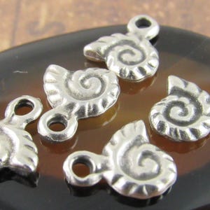May include: Five silver-toned metal charms with a spiral design and a loop for attaching to jewelry or other crafts.