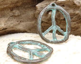 33mm Patina Peace Sign Pendant, Rustic Peace Symbol Charm, Mykonos Casting (1) - M30