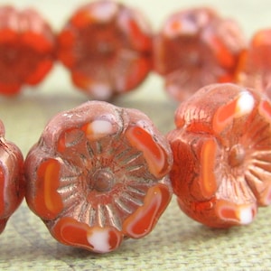 Orange Czech Glass Flower Beads, Hibiscus Glass Flower Beads with Bronze Finish (6 or 12 Beads) - 1646/FLH
