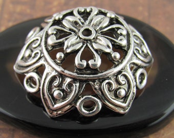 25mm Extra Large Vintage Look Heart Filigree Flower Bead Caps, Antique Silver (2) - SF114