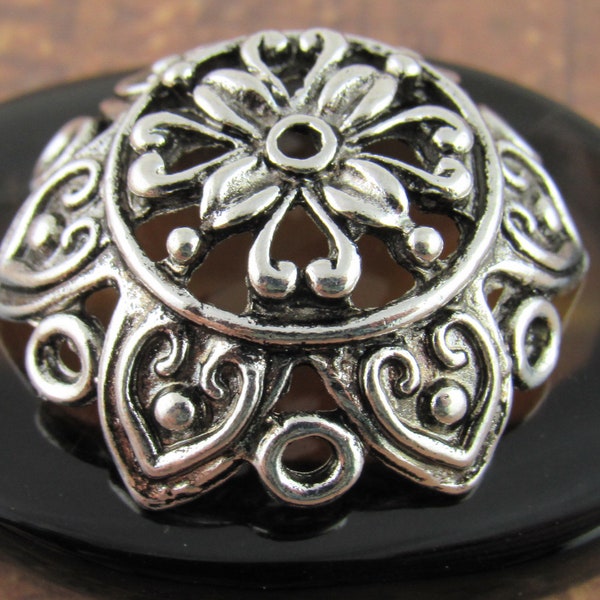 25mm Extra Large Vintage Look Heart Filigree Flower Bead Caps, Antique Silver (2) - SF114
