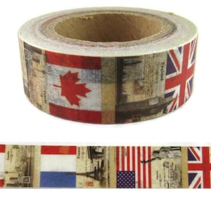 American Flag Washi Tape, Union Jack Flag Washi Tape, Canadian Flag Washi Tape, France Washi Tape, Full Roll - L