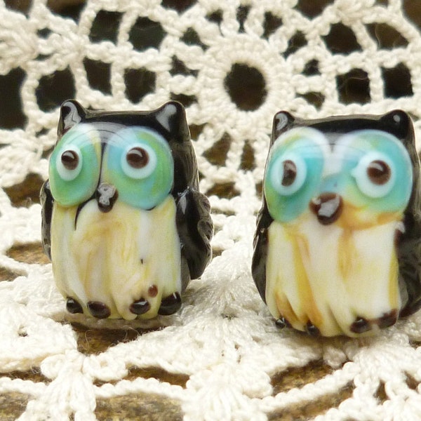 Glass Owl Bead, Adorable Turquoise Black Owl Lampwork Beads (2)