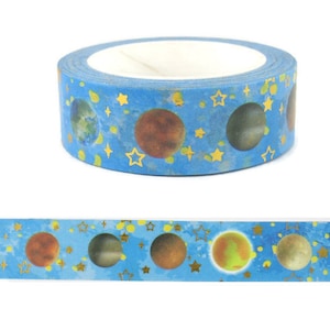 Nastro Washi Blue Planet, nastro Washi con accenti di stelle metallizzate dorate, rotolo completo - CWWTS-2