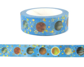 Blue Planet Washi Tape, Gold Metallic Star Accents Washi Tape, Full Roll - CWWTS-2