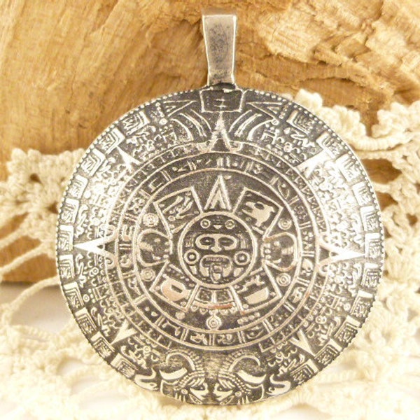 Antiqued Silver Pewter Mayan Calendar Pendant, Mykonos Casting Beads  - X5841 - M79