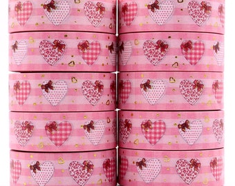 Washi Tape Pink Heart, Gold Foil Farmhouse, Pink Ribbon Washi Tape, Full Roll - N