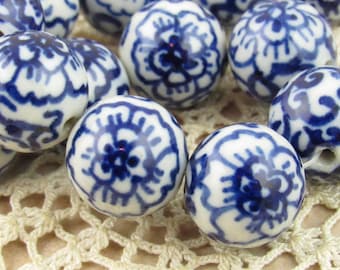 16mm Blue and White Floral Porcelain Beads, Hand Painted Ceramic Flower Beads (2 or 4)