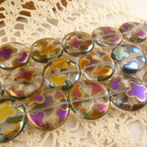Rainbow Focal Flower Czech Glass Beads, Metallic Flat Coin AB Beads (11 beads) - BM2