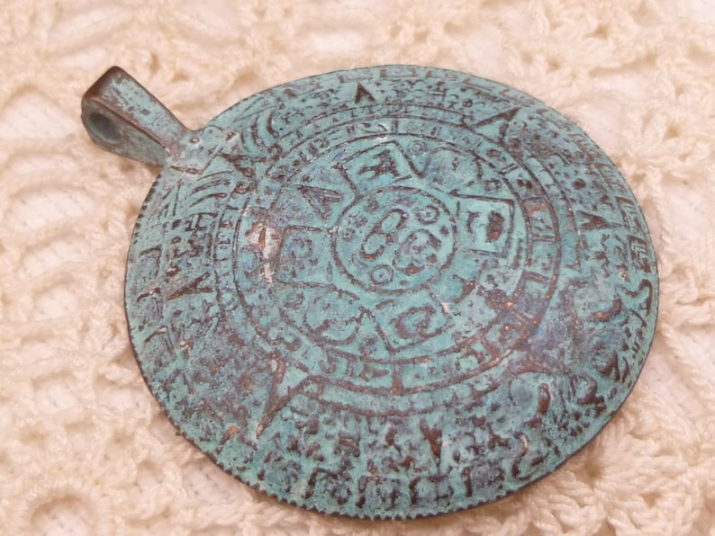 1 - M64 x5841 Rustic Blue Patina Mayan Calendar Pendant Mykonos Casting Pendant