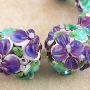 14mm Large Floral Lampwork Beads, Purple and Teal Glass Flower Focal Beads (2)