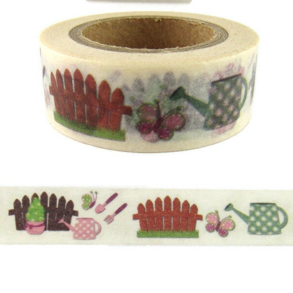 Garden Washi Tape, Watering Can Washi Tape, Fence Nature Washi Tape, Full Roll - W757