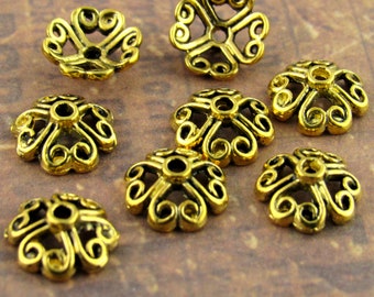 8mm Filigree Heart Bead Caps, Gold Tone Swirl Bead Caps (20) - G15