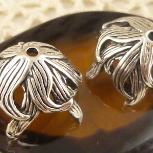 May include: Two silver metal bead caps with a flower design. The caps have a hole in the center for stringing.
