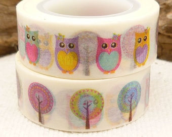 Washi Tape, Rainbow Owls Washi Tape, Colorful Trees Washi Tape,  Full Roll - I573