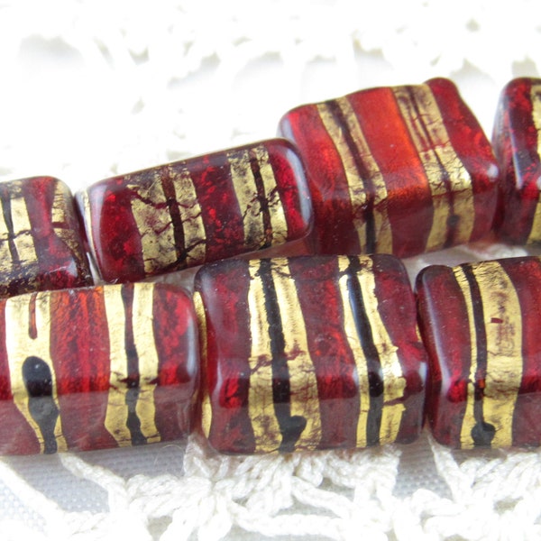 14mm Gold Foil and Ruby Red Glass Beads, Rectangle Christmas Color Lampwork Beads (2)