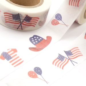 Washi Tape Patriotic, Red White Blue Hat Washi Tape, US Flat Washi Tape, Balloons Washi Tape, Full Roll - J603