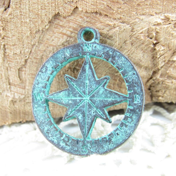 Patina Blue Compass Charms Pendants, Mykonos Casting (2) - M105 - X6213