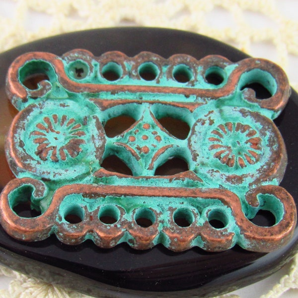 Blue Buckle Finding, Retro Patina Focal Connector, Victorian Look Filigree Flower Pendant, Mykonos Casting Finding (2) - X0115 - M108