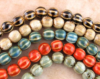 11mm Large Hole Ceramic Beads, Pumpkin Patterned Orange Beads, Blue Ceramic Beads, Round Green Ceramic Beads (8)