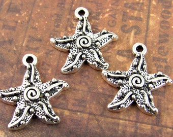 Silver Tone Starfish Charms, Antiqued Silver Ornate Starfish Charms  (8) - S142