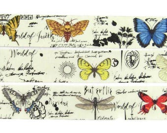 May include: A decorative washi tape featuring a variety of butterfly and insect illustrations on a cream background. The tape has a vintage aesthetic with handwritten text and scientific drawings. The text includes the words "World of Insects" and "Butterfly".
