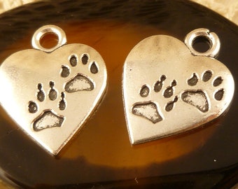 Pet Lover Cat Dog Paw Print Heart Charm, Tibetan Antiqued Silver (6) - S138