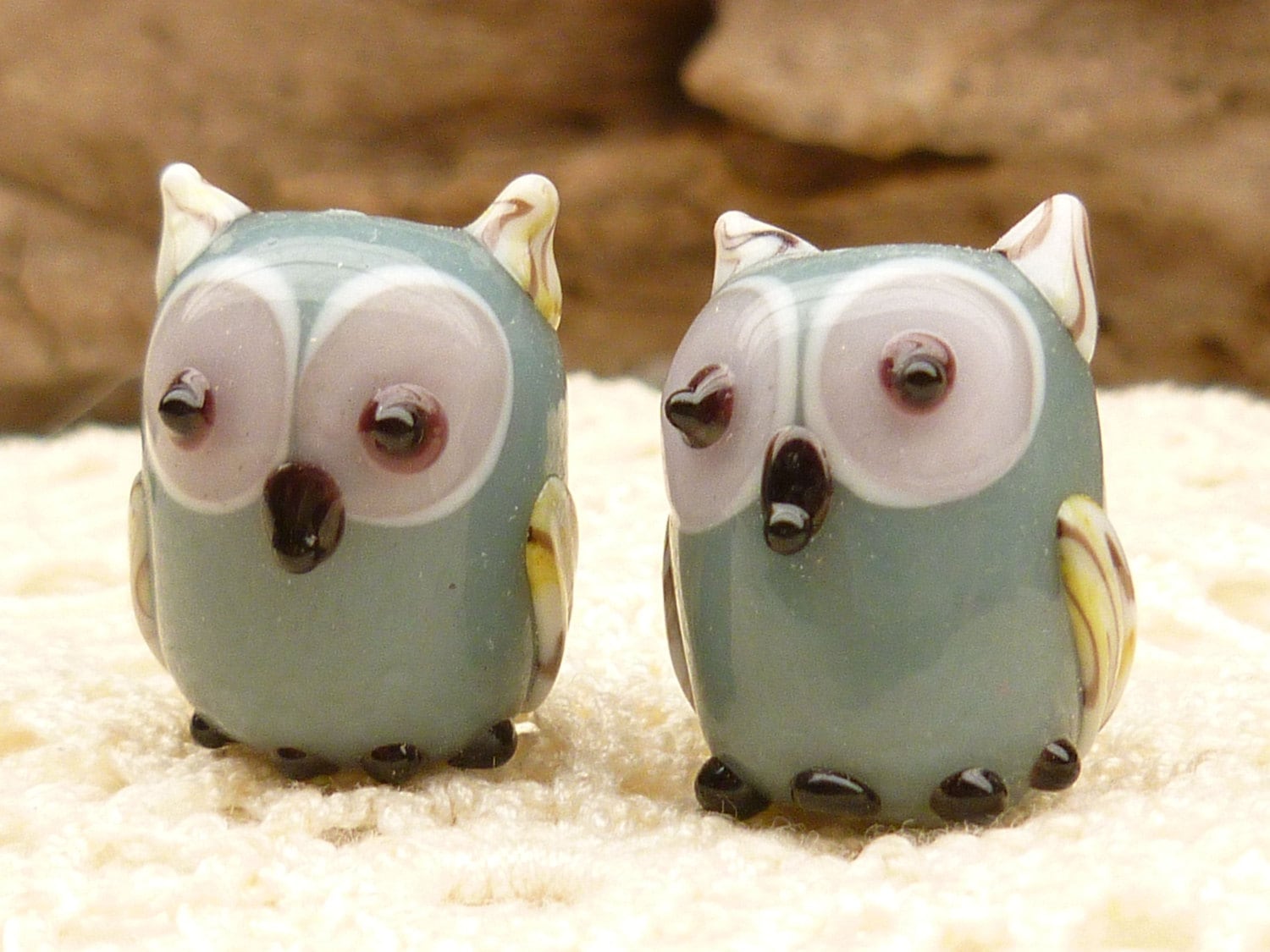 Opaque Grey Lampwork Glass Owl Beads (2)